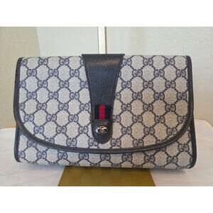 Gucci GG Supreme Clutch Bag Wallet Blue Monogram Web Stripe Ophidia Vintage Navy